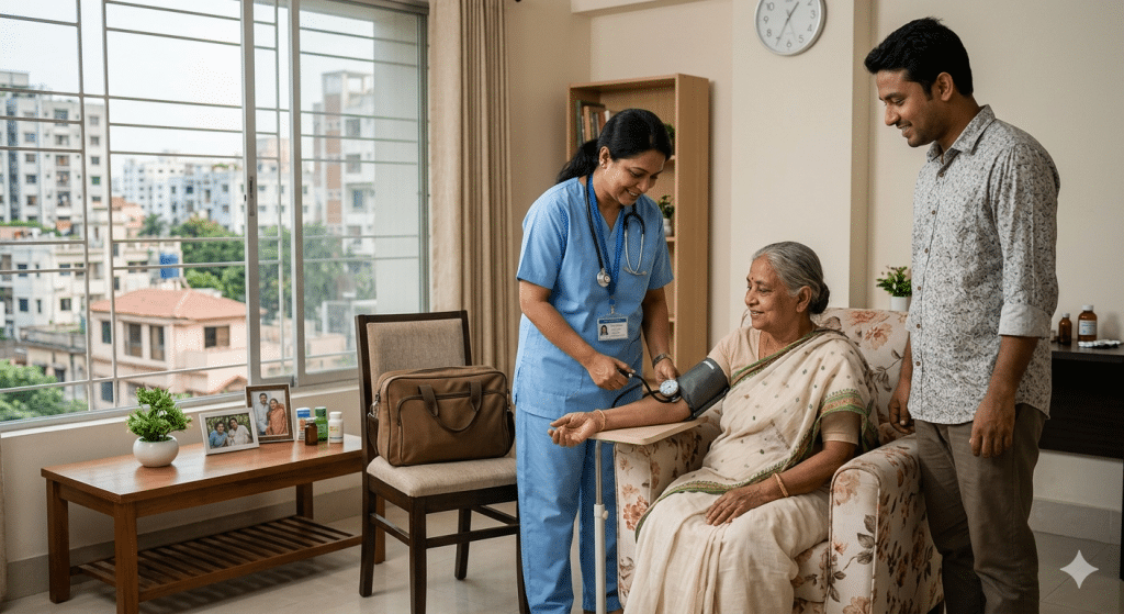 Doctor home visit in Dhaka checking an elderly patient’s blood pressure at home.