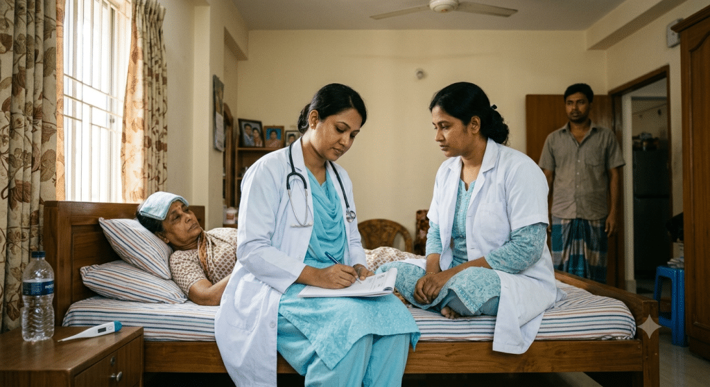 Doctor home visit in Dhaka treating patient with fever and weakness at home