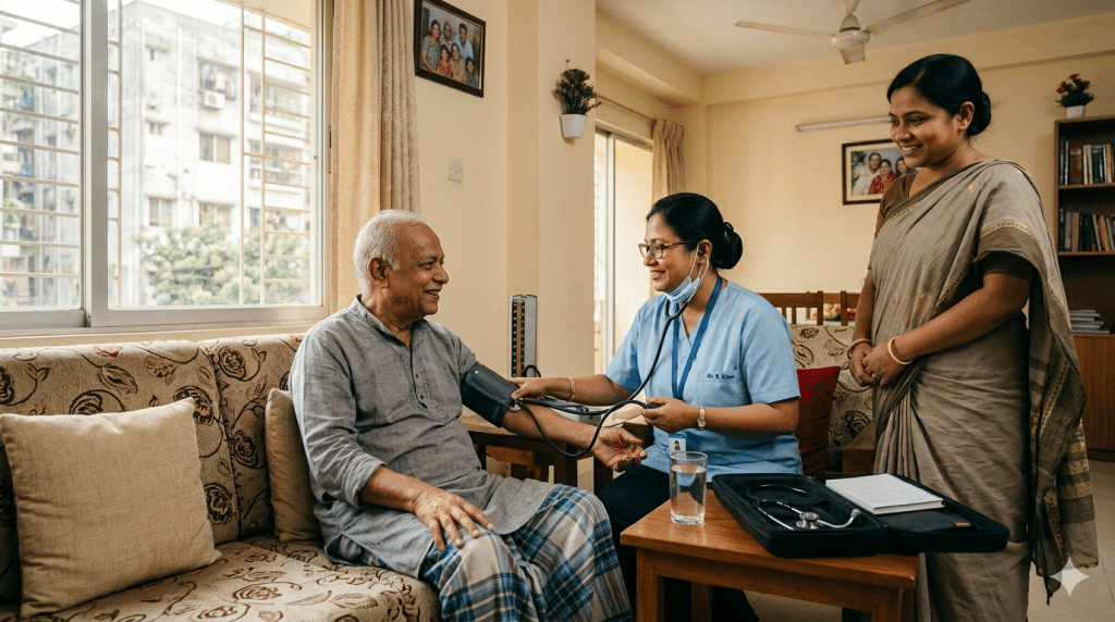 Senior home care doctor visit in Dhaka for elderly patient.