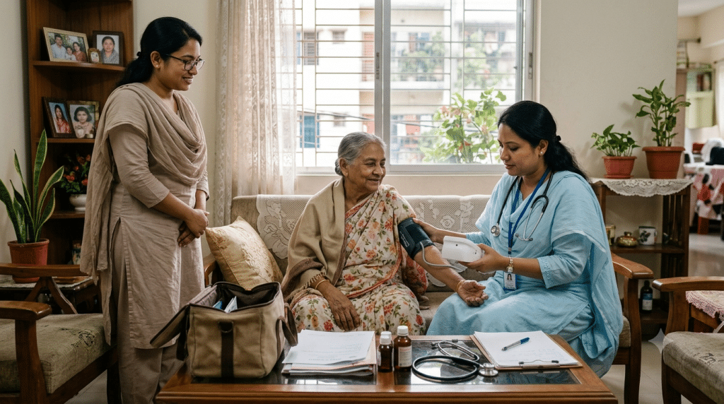 Home visit doctor checking an elderly chronic disease patient at home in Dhaka.