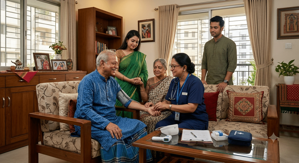 Professional home doctor providing medical care to an elderly patient and family inside a home in Dhaka, Bangladesh
