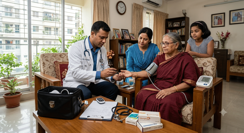 Home doctor checking blood sugar levels of an elderly diabetic patient during a home visit in Dhaka, Bangladesh.