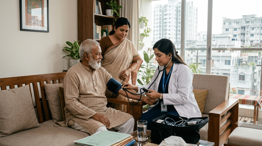MBBS doctor providing a home medical consultation to an elderly patient in Dhaka