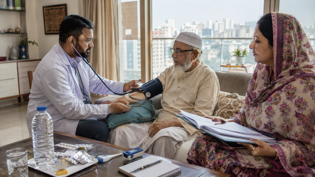Doctor home visit in Dhaka with medical reports and medicines ready