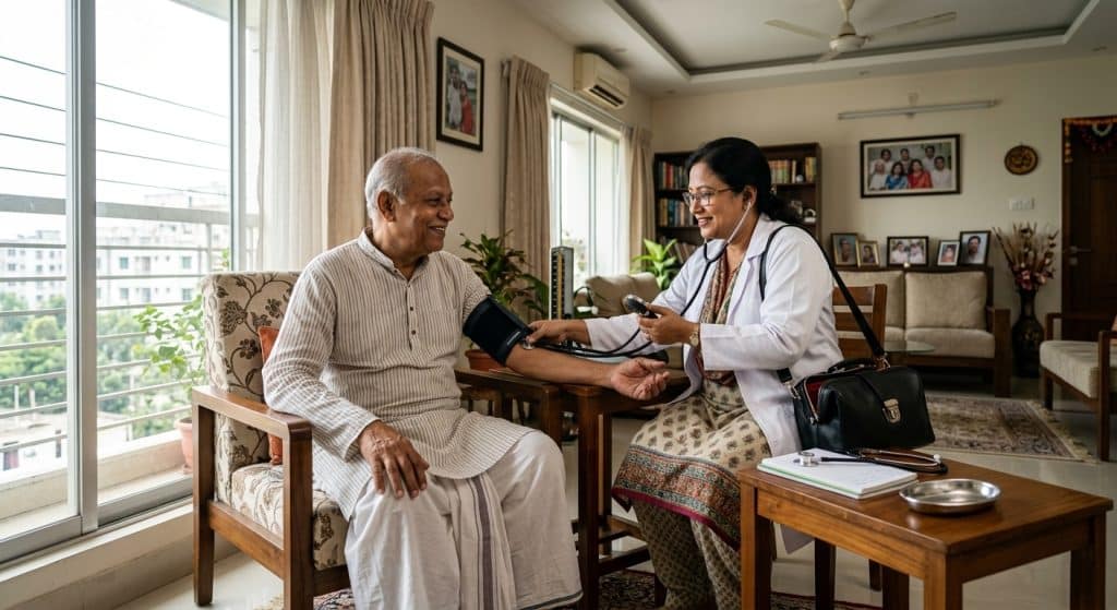 Elderly patient receiving doctor home visit service in Uttara