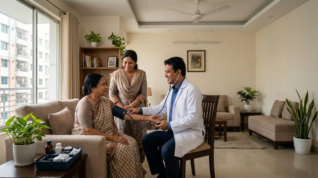 Home Doctor Visit in Bashundhara with doctor examining patient at home