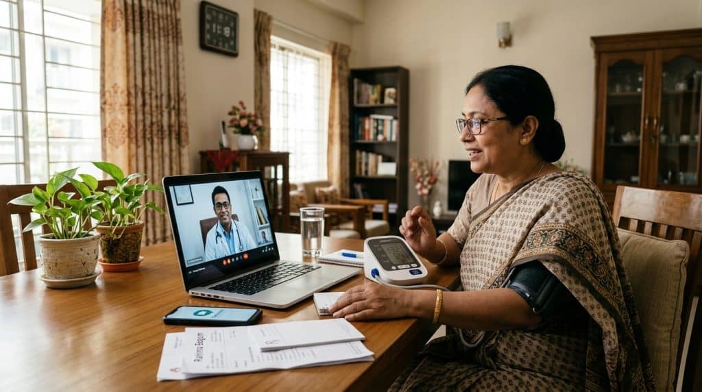 Bangladeshi patient having an online doctor consultation through a telemedicine service at home
