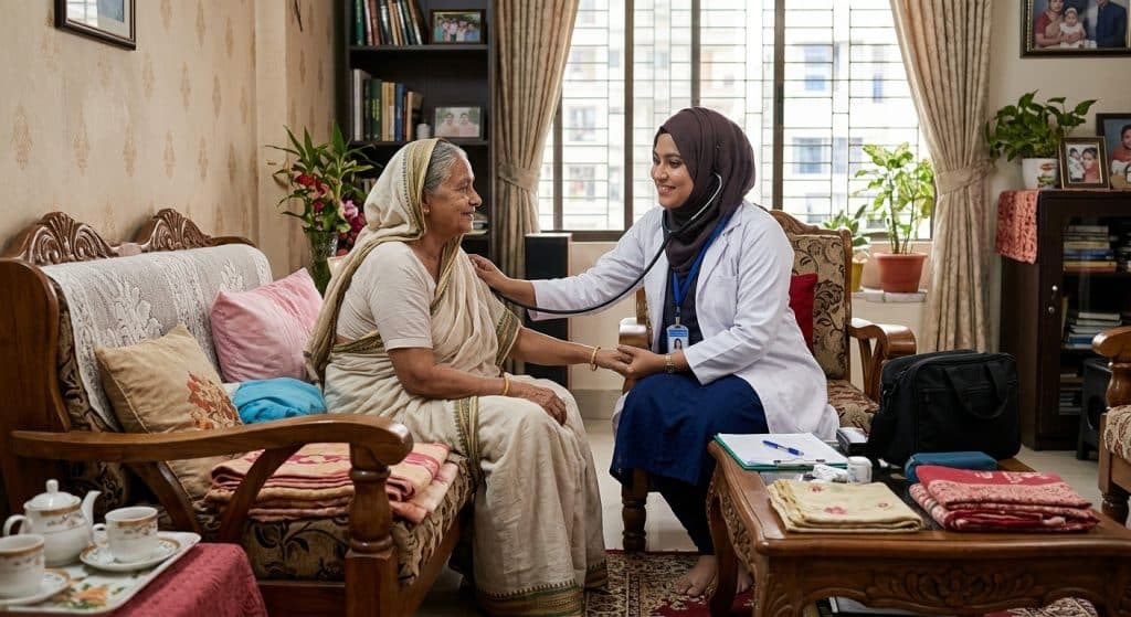 Female doctor home visit in Dhaka providing healthcare consultation at patient's home