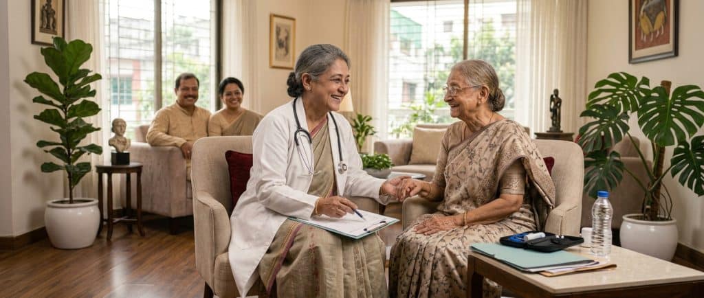 Doctor home visit in Banani providing bedside medical care to an elderly patient