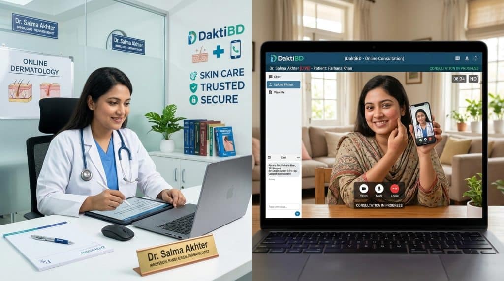 Online dermatologist consultation in Bangladesh with skin specialist doctor providing virtual skincare advice through video call